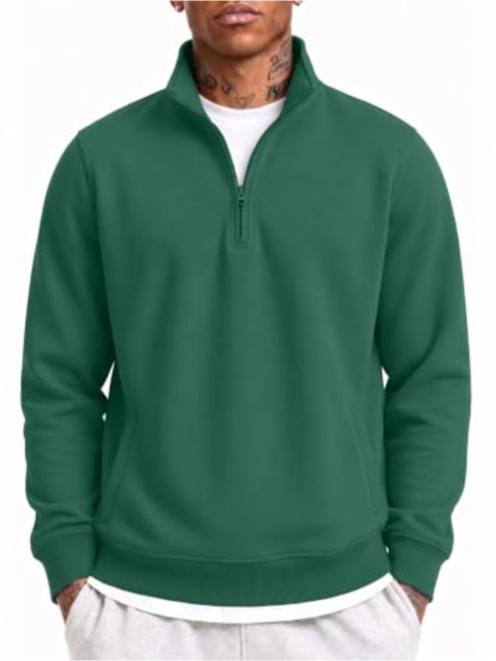 Mens Quarter Zip Pullover Cotton Fleece Lined Sweatshirt Mock Neck Ribbed Cuffs